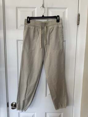 Zara Women's Jogger Pants Beige Cotton Twill Elastic Waist Pockets